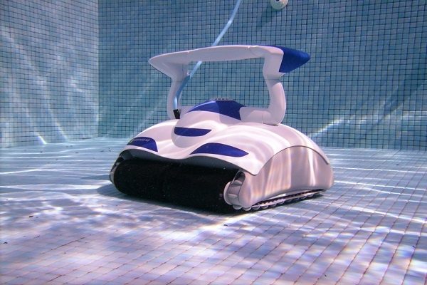 Robot vacuum cleaner at the bottom of the pool