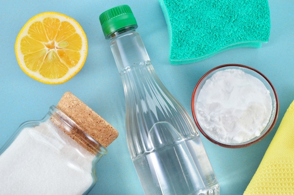 Washing aids Soda, vinegar, lemon and sponge for washing the refrigerator