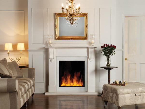 White electrofireplace for a drawing room in classical style White electrofireplace for a drawing room in classical style