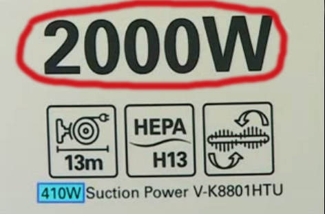 Power consumption shown on the package Power consumption of the vacuum cleaner