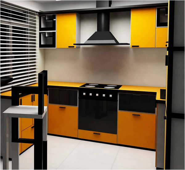 Orange kitchen and black hood