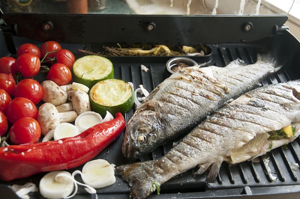 Grilled vegetables and fish