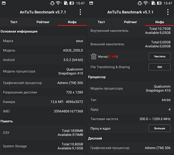 Specifications ZE550KL version AnTuTu